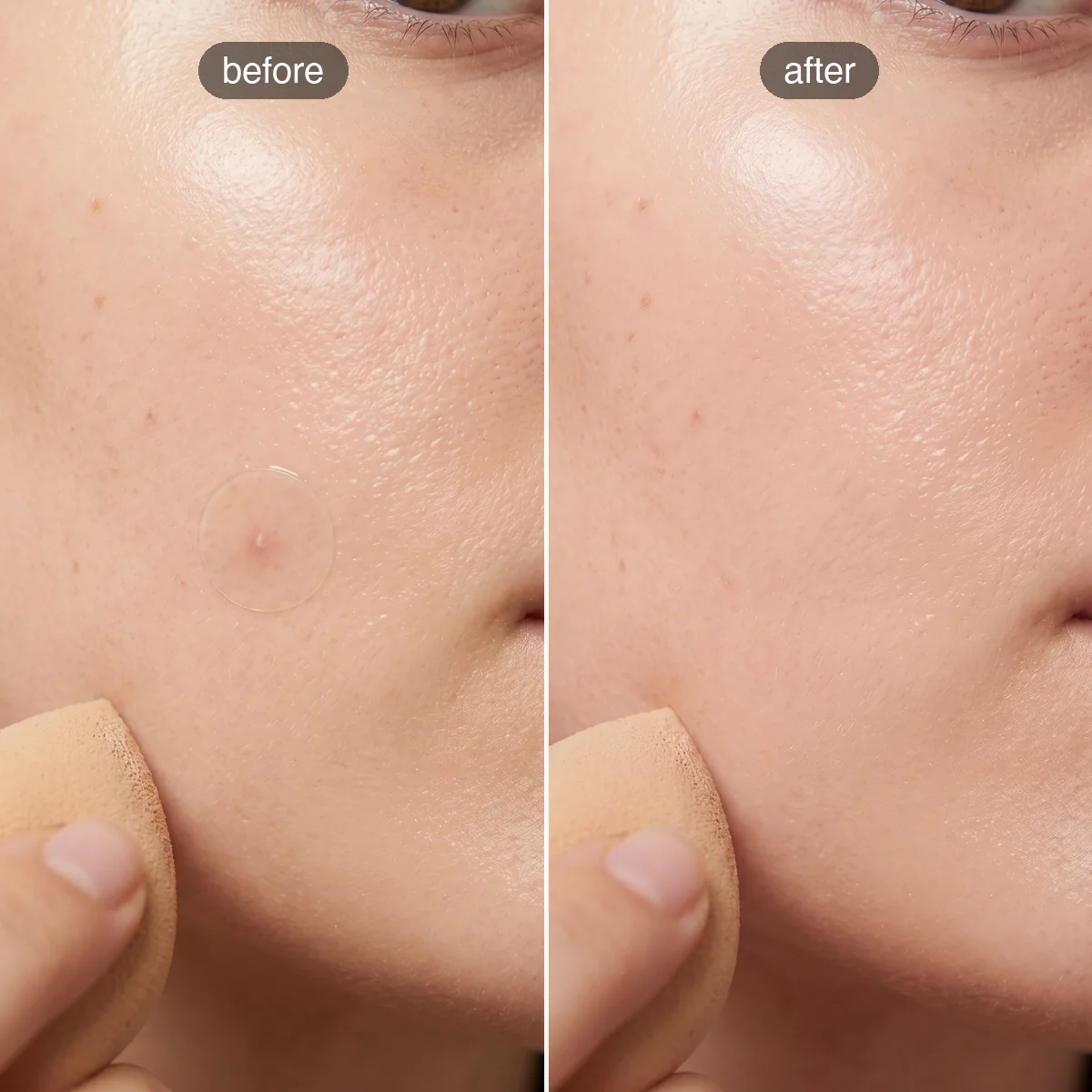 Before and after: foundation applied straight over the invisible blend patch